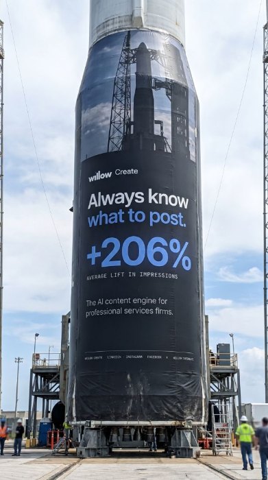 Willow Create wrap on a rocket on the launch pad reading 'Always know what to post. +206%.'