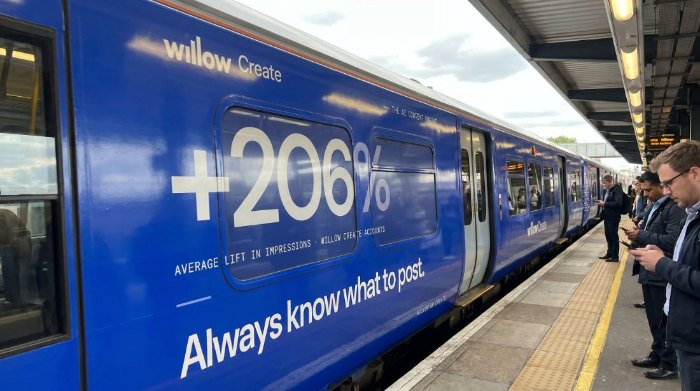 Willow Create train livery reading '+206% average lift in impressions — always know what to post.'