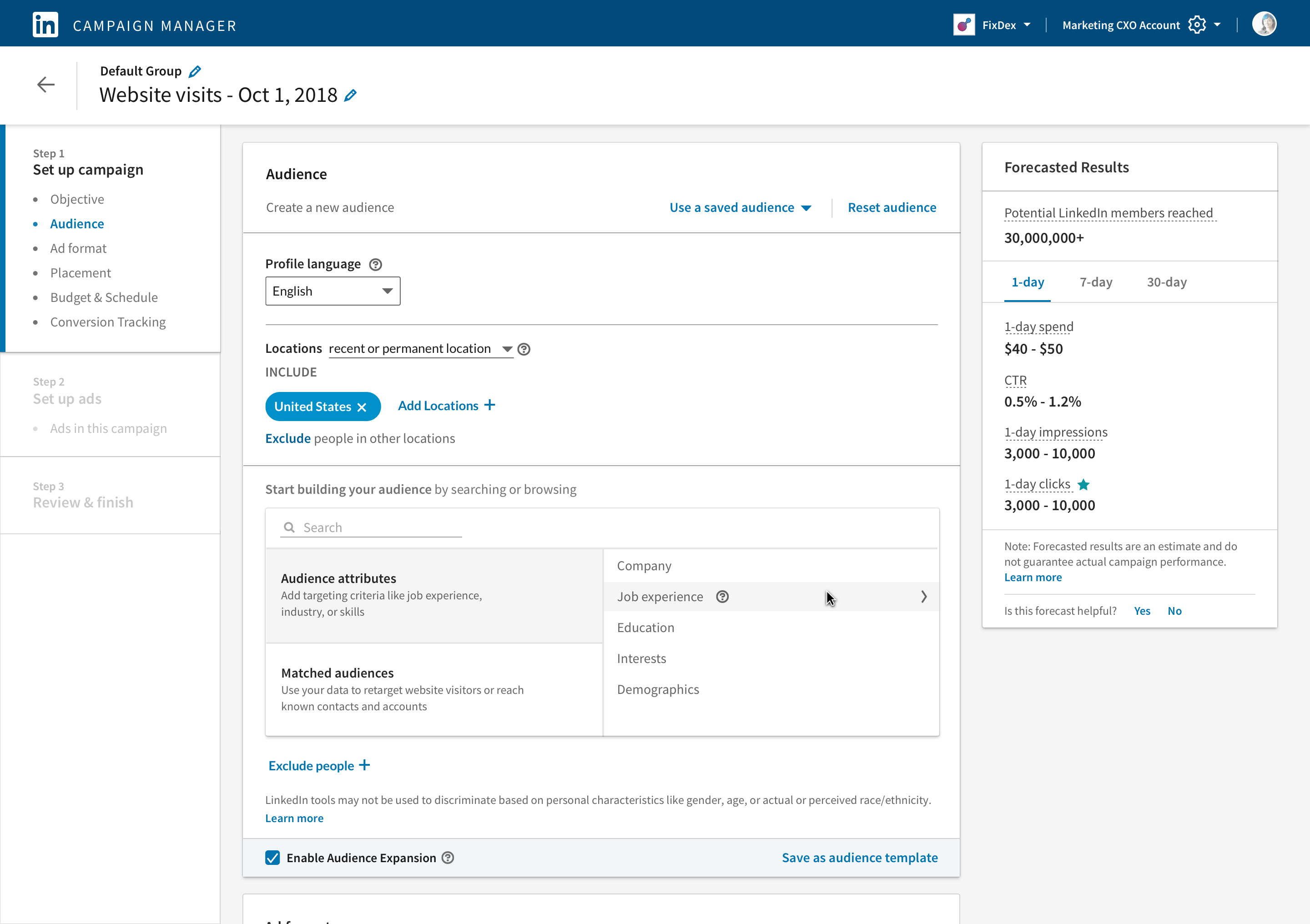 Step 2 in LinkedIn Campaign Manager: narrowing down the target audience