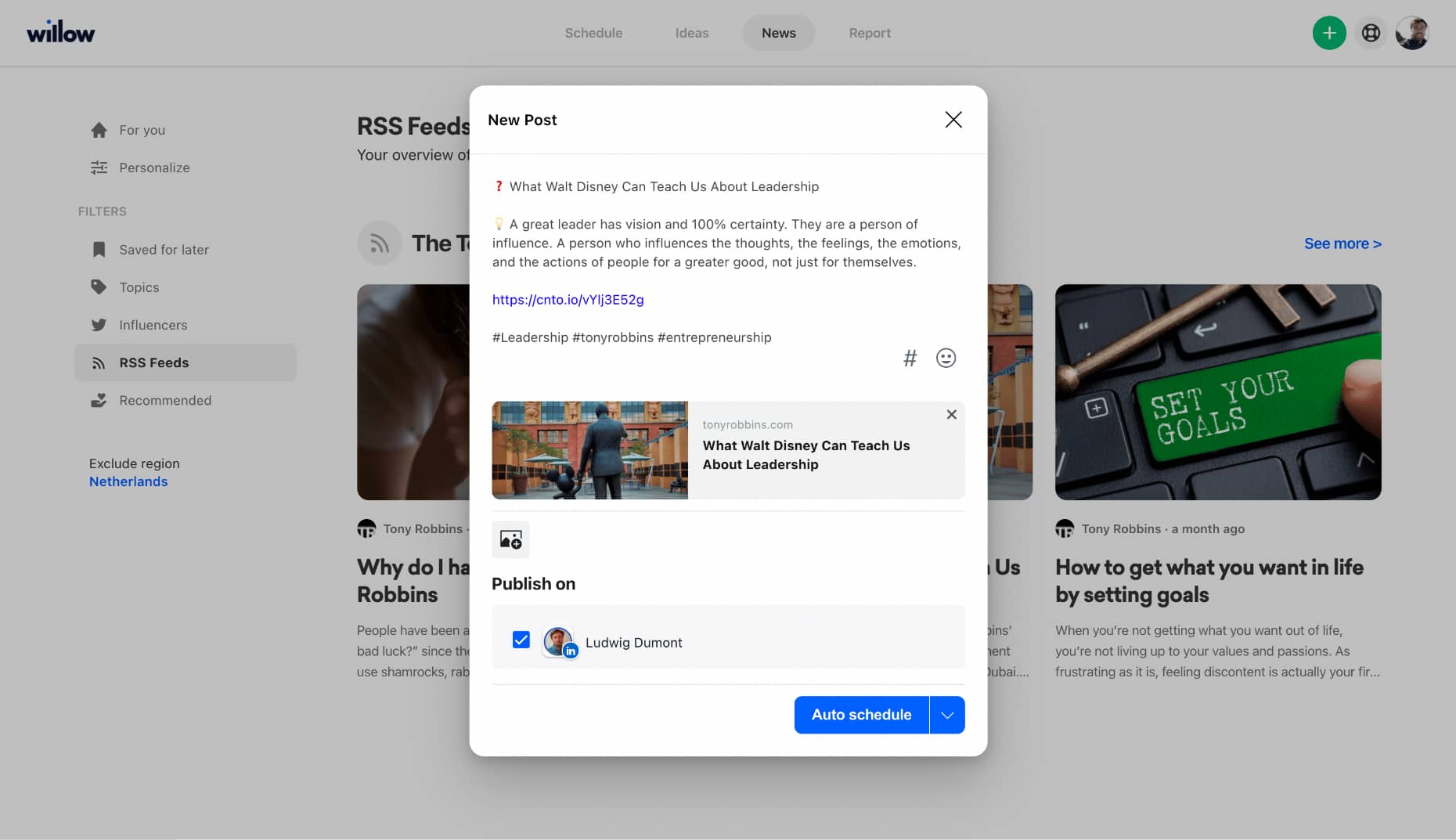 Adding a blog page URL so its RSS content appears inside Willow