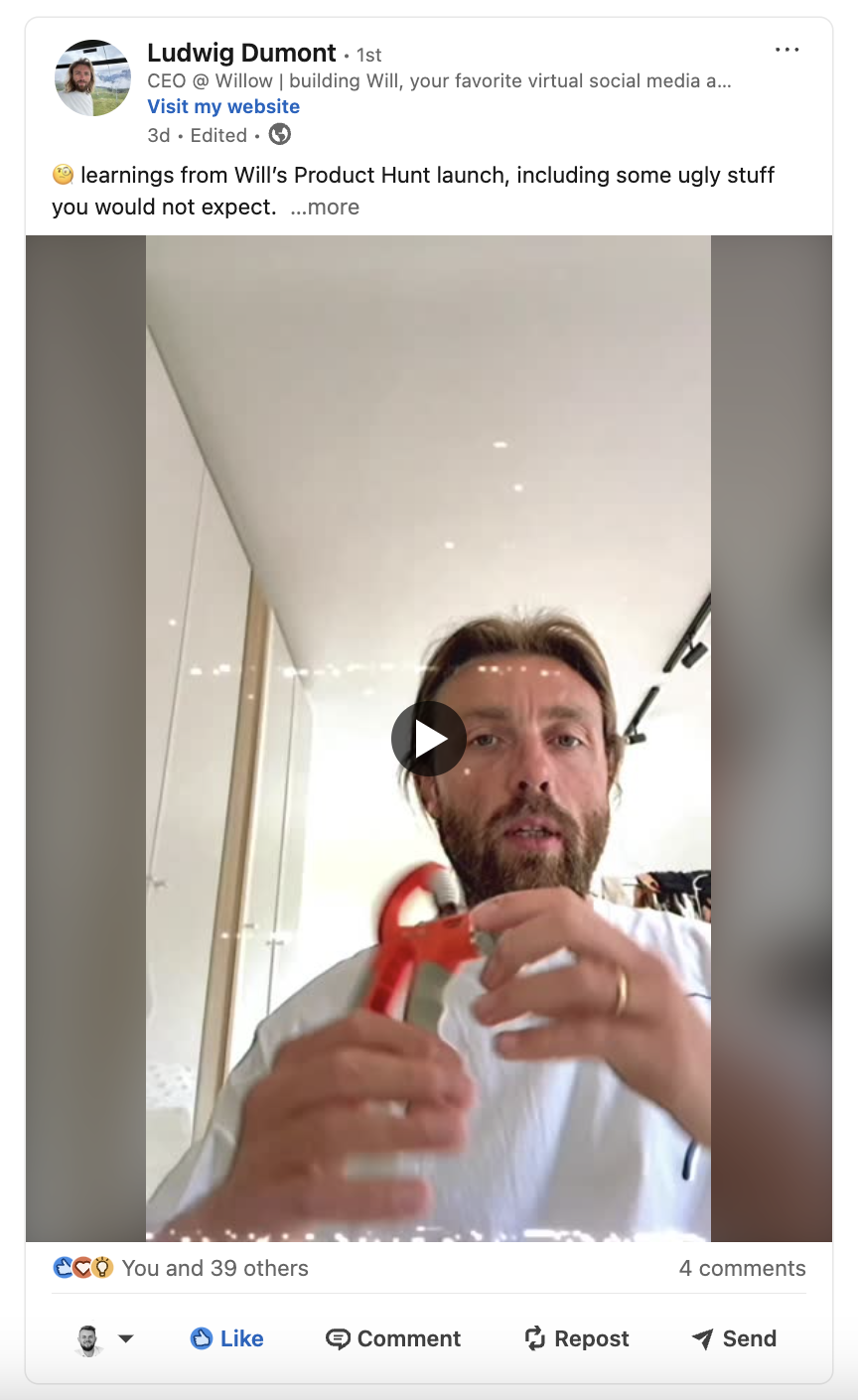 Ludwig's LinkedIn video about the Product Hunt Launch