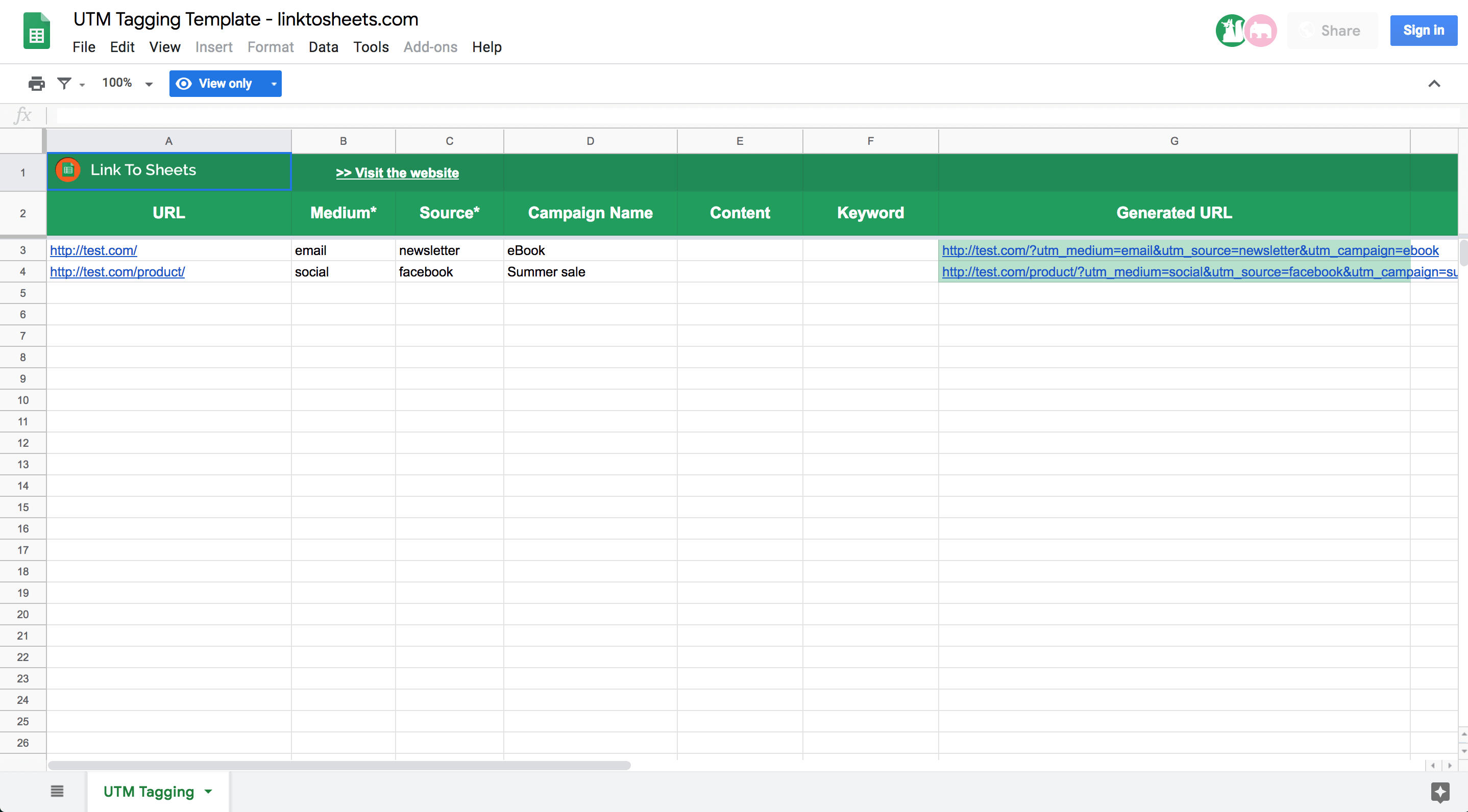 A UTM tagging template spreadsheet for tracking campaign links